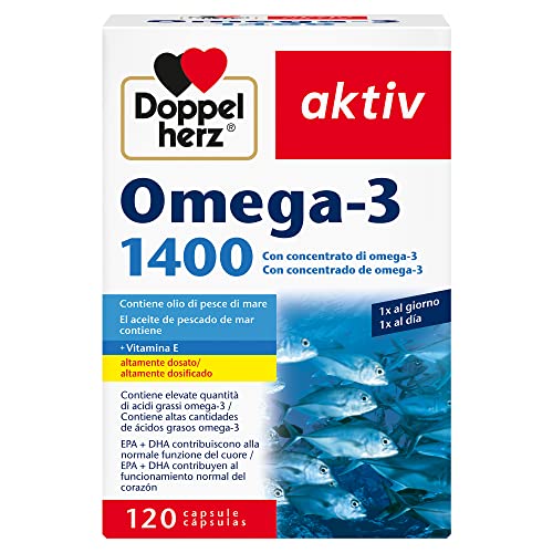 Doppelherz aktiv Omega-3 1400 - Complemento Alimenticio con Concentrado de Omega-3 (DHA y EPA) y Vitamina E, Dosificado, Sin Gluten ni Lactosa, 120 Cápsulas