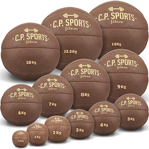 C.P.Sports Balón medicinal de piel marrón K5, pelota de peso, pelotas medicinales originales, pelota de gimnasia 0,5 kg, 1 kg, 2 kg, 3 kg, 4 kg, 5 kg, 6 kg, 7 kg, 8 kg, 9 kg, 10 kg, 12,5 kg, 15 kg