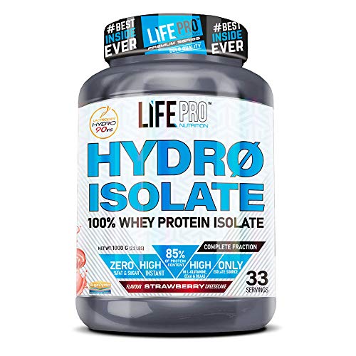 Life Pro Hydro Isolate 1kg | Aislado de suero en polvo con un 84% de proteína | Ganar masa muscular | Perfecto para el desarrollo muscular (STRAWBERRY CHEESECAKE)