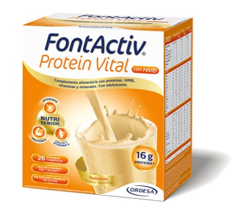 FontActiv Protein Vital Vainilla | Complemento Alimenticio con Proteínas, HMB, Vitaminas y Minerales para Adultos - 14 sobres