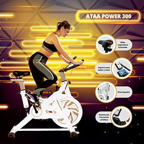 ATAA Power 300 Bicicleta de ciclo indoor- Blanco- Bicicleta estática de fitness, con FRENO magnético, bicicleta con pantalla LCD con monitorización de calorías, velocidad, distancia y pulsómetro