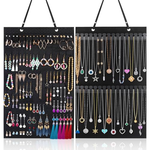 shynek Paquete de 2 organizadores de joyas colgantes que incluyen soporte para collares y organizador de aretes para collares, aretes, pulseras y tobilleras, exhibición y almacenamiento para pared,