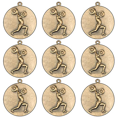 Emblemarket - Pack de 9 Medallas de Metal - Tamaño de 38mm - Halterofilia - 3 Colores de tu Elección: Oro, Plata o Bronce.