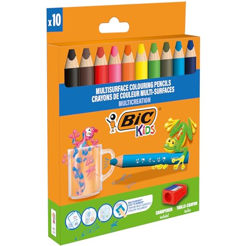 BIC Kids Lápices de Colores Multisuperficie con Cuerpo Triangular y Minas Borrables en Superficies No Porosas - Colores Surtidos, Pack de 10+1 Sacapuntas