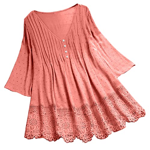 OCCOKO Camisa de Mujer de algodón y Lino con Patchwork de Encaje Retro y literario, complementar (Watermelon Red, XXL)