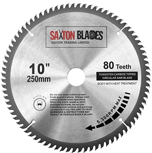 Saxton - Disco circular de TCT para sierra circular para madera de 250 x 30 mm y 80 dientes, se adapta a sierras de 255 mm