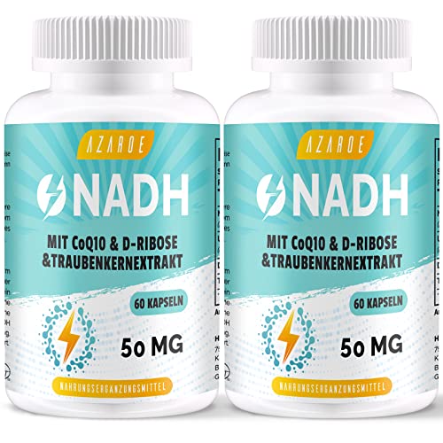 NADH 50 mg, Fórmula Avanzada con CoQ10, Vegano, Alta Potencia, Mejora la Energía Celular, Producción de ATP, Apoyo Antioxidante, 120 Cápsulas