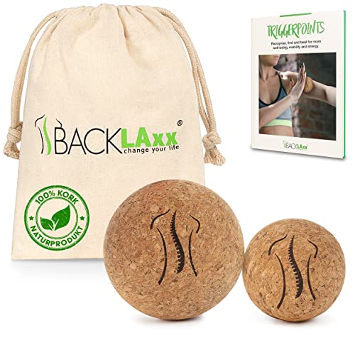 BACKLAxx ® Pelota masaje – Pelota de masaje muscular sostenible de 5 cm y 7 cm con bolsa de almacenamiento – Bola de corcho antibacteriana ideal para auto-masaje – eBook GRATUITO Trigger Point