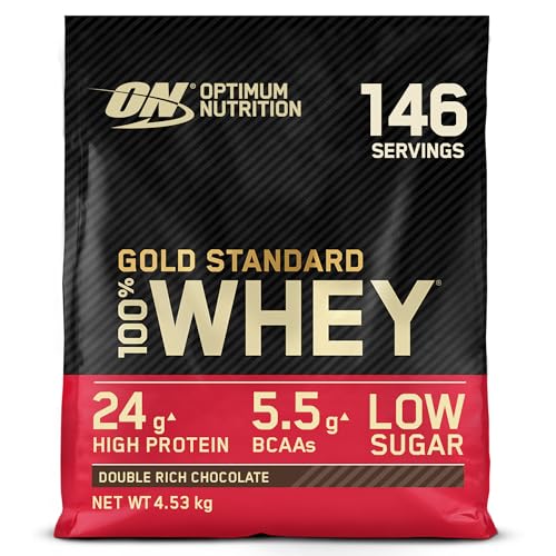 Optimum Nutrition Gold Standard 100% Whey, Proteína en Polvo con Glutamina Natural y Aminoácidos BCAA, Sabor Double Rich Chocolate, 146 Dosis, 4.53 kg