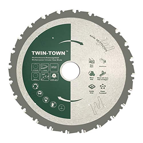 TWIN-TOWN HM - Hoja de sierra circular TCT multifunción (210 x 30 mm, 24 dientes, hoja versátil de carburo de tungsteno, ideal para madera, madera con clavos, acero, aluminio, acrílico