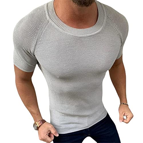 Men's Short Sleeve Summer Round Neck Knitwear Men's T-Shirt Men's Casual Stretch Fitness Men's Sports Shirt Daily Wear Men's Base Shirt A-Grey M