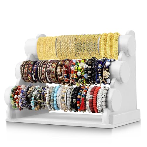 Flexzion Soporte de terciopelo blanco con barra en T de 3 niveles para almacenamiento de joyas, estante extraíble para collares, pulseras, pendientes, pulseras, colgantes, tobilleras, relojes, llaves,