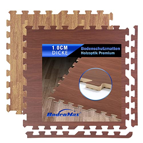 BodenMax Suelo para deporte puzzle gym suelo esteras de gimnasio colchoneta madera grande | Madera Oscura 58 x 58 x 1 cm | 12 piezas