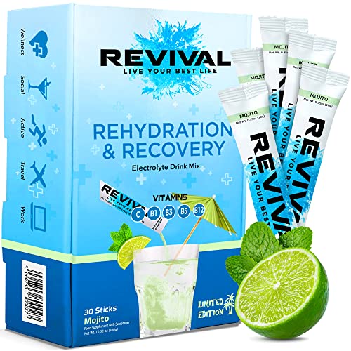 Rehidratación rápida Revival, polvo de electrolitos - Vitamina C de alta resistencia, B1, B3, B5, B12 Suplemento de bebida en bolsita, de hidratación de electrolitos, Paquete de 30 Mojito