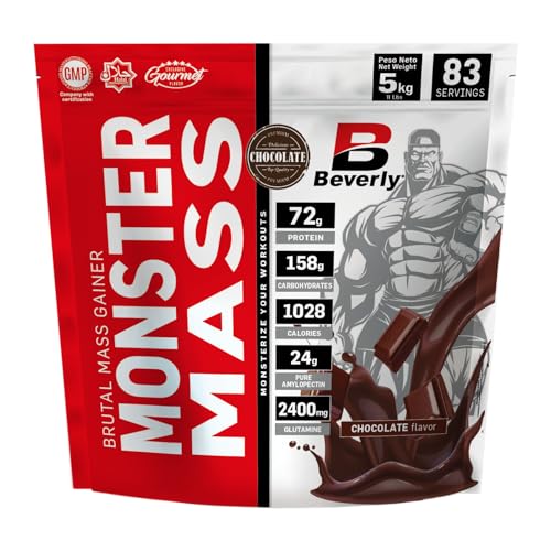 Beverly Monster Mass 5 kg | Chocolate, Fresa, Vainilla | Hidratos de Carbono con proteína | Dieta alta en carbohidratos | Fuerza y masa muscular | Mezclador Gratis (CHOCOLATE)