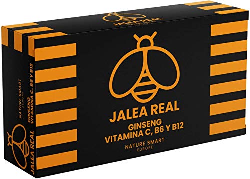 Jalea Real y Ginseng - Enriquecida con Vitaminas C, B6 y B12 -Suplemento Vitamínico Sabor Fresa - Energía y Vitalidad - Refuerza Las Defensas - Formato de 20 Ampollas - Nature Smart