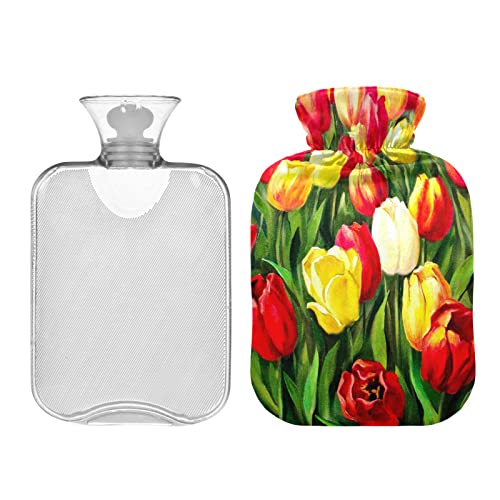 Botella de agua caliente 2 L con cubierta, pintura al óleo tulipanes flores bolsa de agua caliente para alivio del dolor manos pies calentador invierno