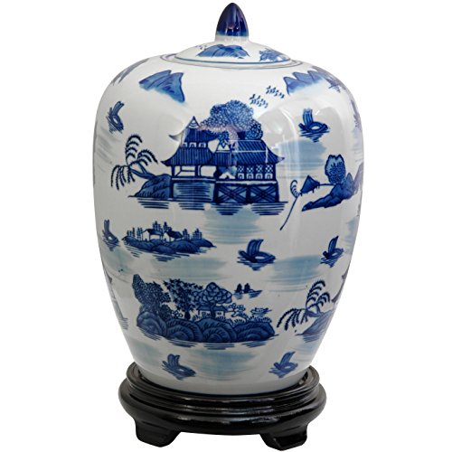 Oriental Furniture - Jarrón de Porcelana Azul y Blanco, 28 cm
