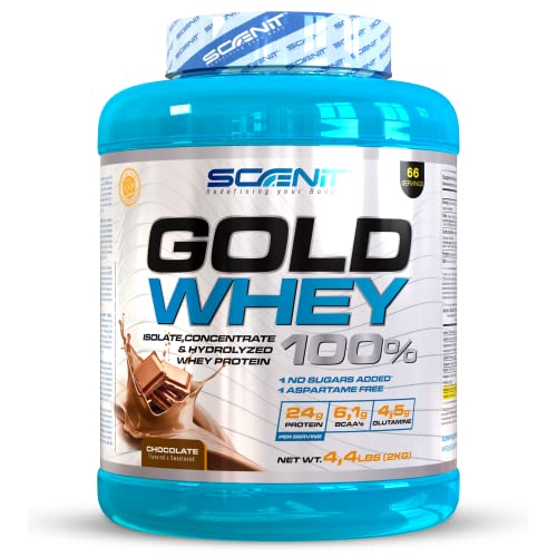 Gold Whey 100% - 100% whey protein, proteinas whey para el desarrollo muscular - Proteinas para masa muscular con aminoácidos - Whey protein + proteinas whey isolate + hidrolizado - 2 kg (Chocolate)