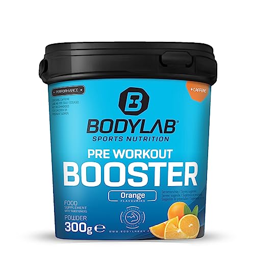 Bodylab24 Pre-Workout Booster Naranja 300g, bebida energética pre-entrenamiento, 136mg de cafeína, extracto de taurina y guaraná, aminoácidos esenciales BCAA y beta-alanina, arginina, citrulina
