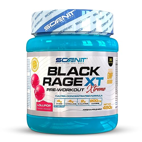 Black Rage Xtreme - 450 g - pre entrenos potentes - Sabor piruleta - con Arginina, Beta Alanina, Citrulina, Creatina, Taurina, Cafeina - para gimnasio