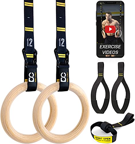 Double Circle Wooden Gymnastic Rings with Quick Adjust Numbered Straps and Exercise Video Guide - Full Body Workout, Calisthenics, Home Gym (Multi-Size)