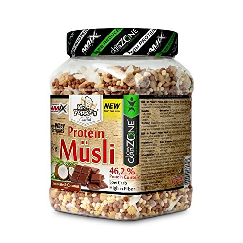 AMIX - Suplemento Deportivo - Protein Müsli - Bote de Cereales de 500 g - Aporte de Proteínas y Fibra - Bajos en Carbohidratos y Azúcares - Sabor Chocolate y Coco