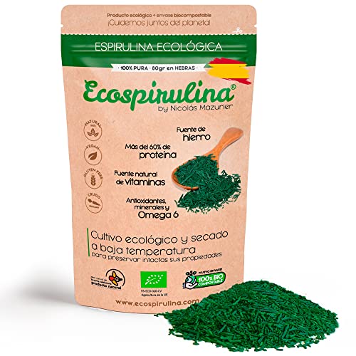 Espirulina Ecológica cultivada y Certificada en España - Fuente natural como suplemento de Proteína vegana, Hierro y Vitamina B12, Biotina (B7) - Detox