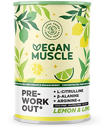 Vegan Muscle® - PreWorkout Performance Booster - Suplemento energético vegano con L-Citrulina, Beta-Alanina, Arginina-Alfa y Creatina - Sabor Limón y Lima - 300 g en polvo