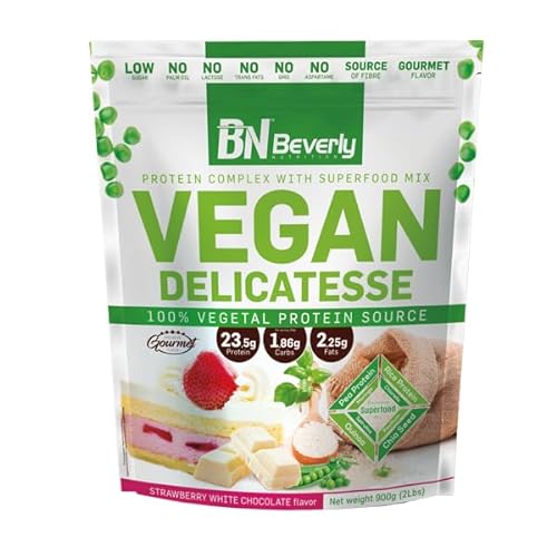 Beverly Vegan Delicatesse | Proteína vegana de Arroz y Guisante | 900 gr | Chocolate blanco fresa