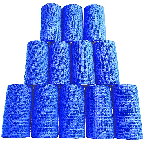 Inksafe Vendas cohesivas autoadherentes azules de 10 cm x 4,5 m, caja de 12 usos incluyen envoltura veterinaria, cinta para esguinces de muñeca y tobillo humanos y lesiones deportivas