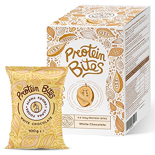 Protein Bites - Chocolate Blanco - Snack Fitness con 78% de Chocolate Blanco, Cacao, Soja y Proteína de Suero - Snack Proteíco siendo un Aperitivo Alternativo a las Barritas Proteina - Alpha Foods
